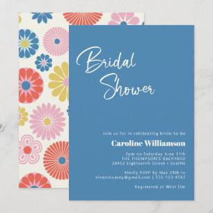 Scandinavian Boho Folk Flower Blue Möhippa Inbjudningar