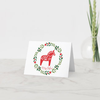 Scandinavian Christmas card Dala Horse and wreath Helgkort