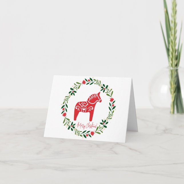 Scandinavian Christmas card Dala Horse and wreath Helgkort (Framsida)