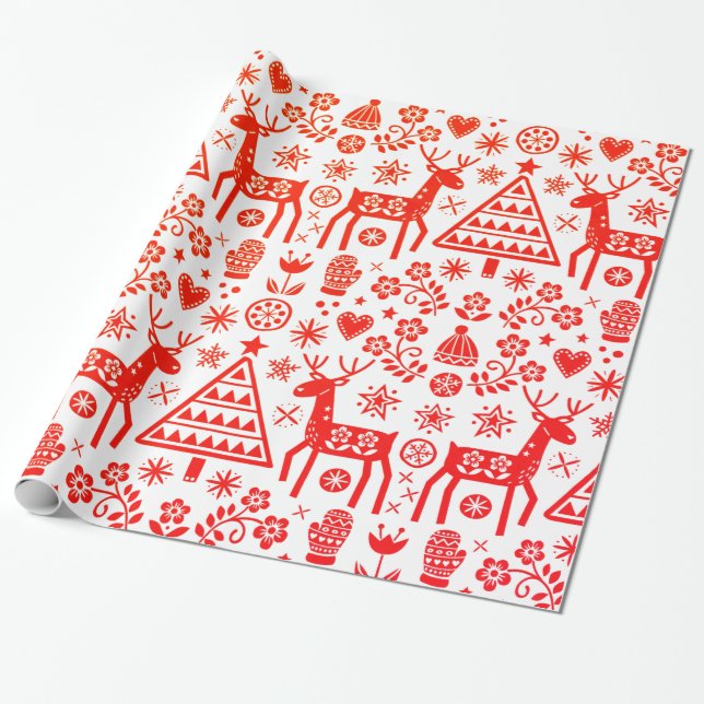 SCANDINAVIAN CHRISTMAS MÖNSTER RED OCH WHITE PRESENTPAPPER (Utrullad)