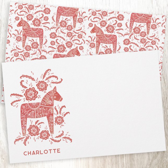 Scandinavian Dala Horse Red Personlig Brevpapper (Red and white Swedish Dala Horse personalized custom name stationery)