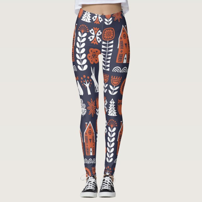 Scandinavian FolArt Vintage Mönster Leggings (Framsida)