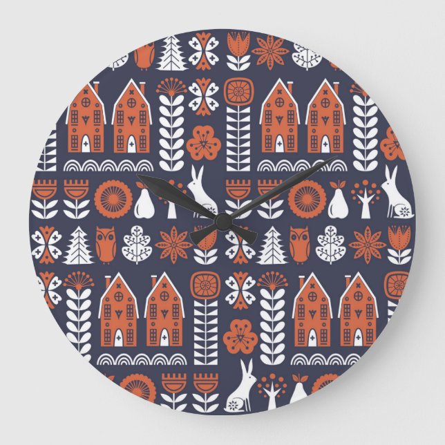 Scandinavian FolArt Vintage Mönster Stor Klocka (Framsida)