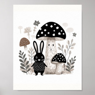 Scandinavian FolBunny & Mushroom Art Poster