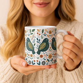 Scandinavian Folk Art Birds and Floral Pattern Mug Kaffemugg