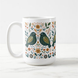 Scandinavian Folk Art Birds and Floral Pattern Mug Kaffemugg