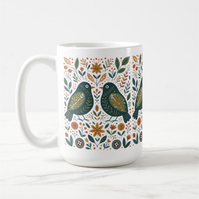 Scandinavian Folk Art Birds and Floral Pattern Mug Kaffemugg (Vänster)