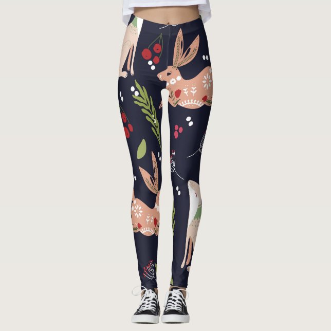 Scandinavian Folk Art Bunny Print Leggings (Framsida)