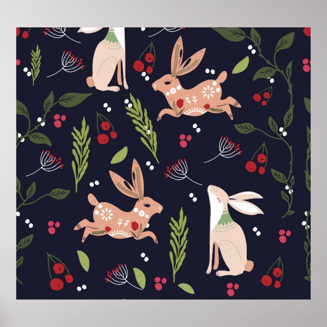 Scandinavian Folk Art Bunny Print Poster (Framsidan)