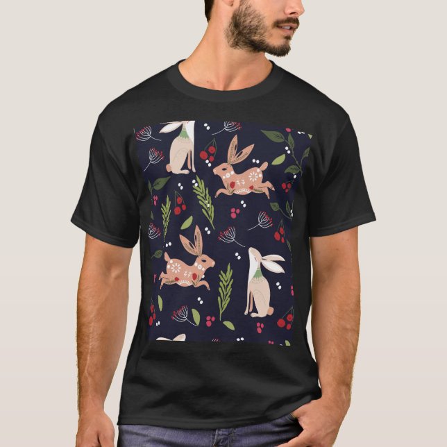 Scandinavian Folk Art Bunny Print T Shirt (Framsida)