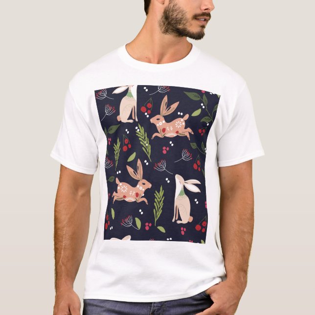 Scandinavian Folk Art Bunny Print T Shirt (Framsida)