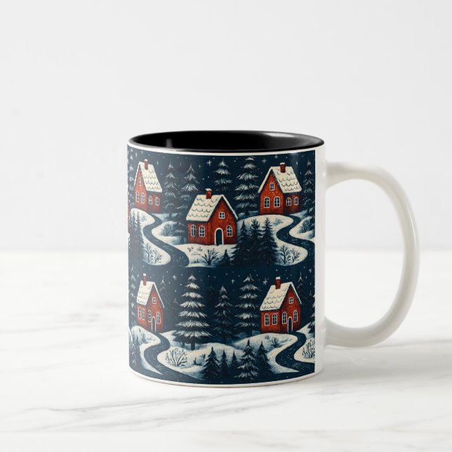 Scandinavian Folk Art Cozy Winter Cabin Mug Två-Tonad Mugg (Höger)