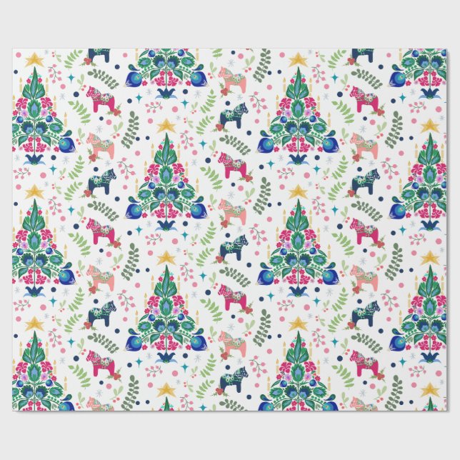Scandinavian Folk Art Julgranar & Dala Horse Presentpapper (Platt)