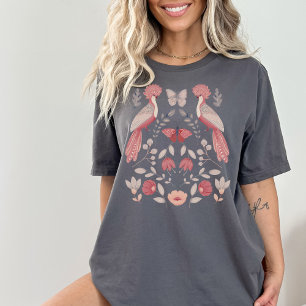 Scandinavian Folk Art Peacock Butterfly Rosa Grått T Shirt