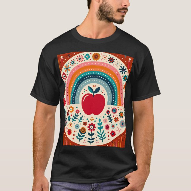 Scandinavian Folk Art Red Apple and Rainbow family T Shirt (Framsida)