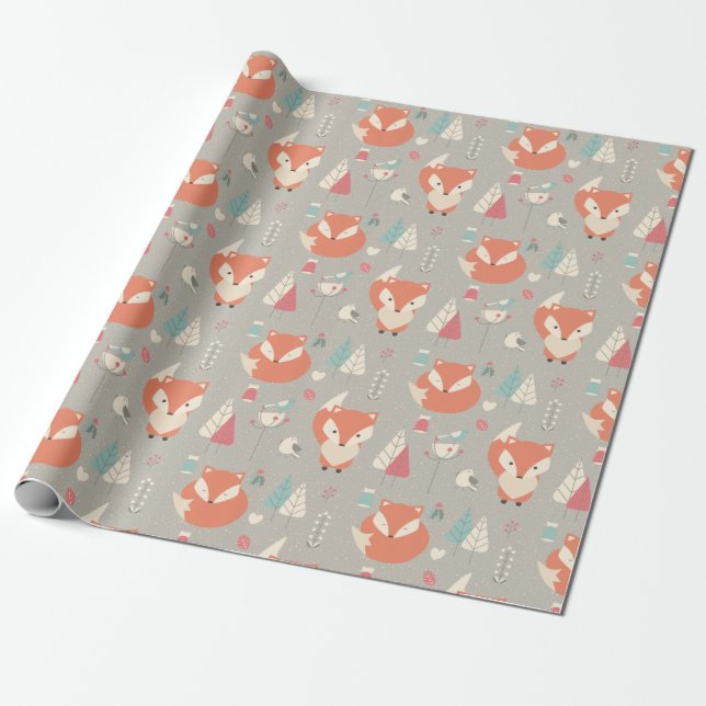 Scandinavian Folk Art Red Fox Flowers Presentpapper (Utrullad)