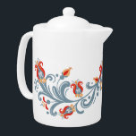 Scandinavian Folk Art Velkommen Tekanna<br><div class="desc">En varm kopp av te är alltid ett bra sätt att välkomna vänner till ditt hem. Denna skandinaviska inspirerade Tekanna har en blommigt folkkonsdesign som görs i den traditionella skandinaviska rosemaltmålningen stil. Gräns på tekannans framsida har en blå virvelformad utformning med gult, grått och röda blommor på vit bakgrund. Denna...</div>