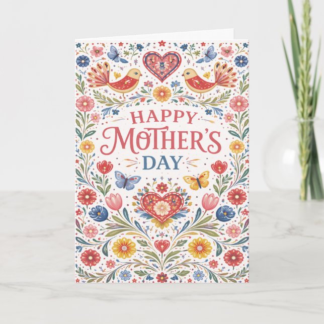 Scandinavian Folk Floral Mothers Day Helgkort (Framsida)