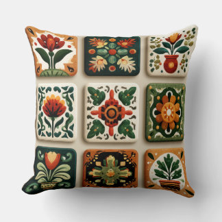 Scandinavian Folk Floral Tile Pattern Throw Pillow Kudde