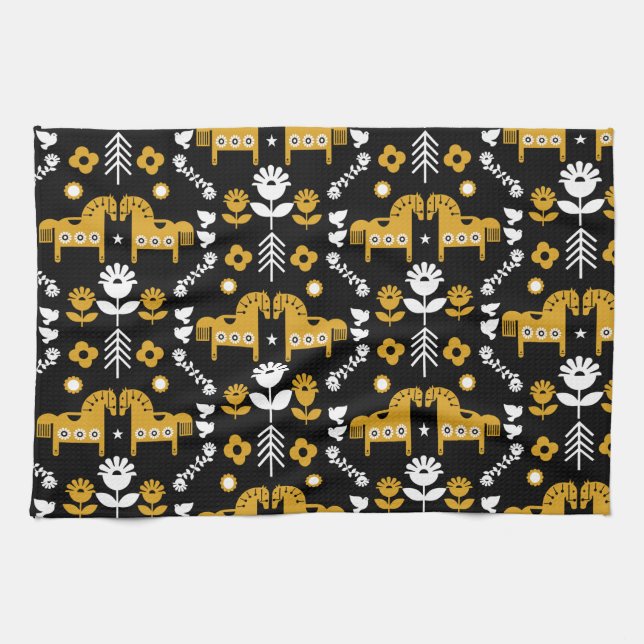 Scandinavian Horse Folk Art Kökshandduk (Horisontell)