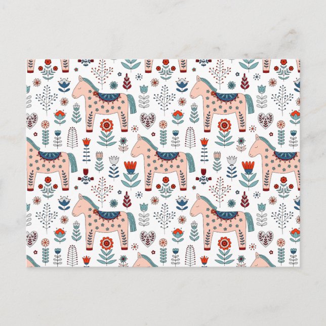 Scandinavian Horse Folk Art Mönster Helg Vykort (Framsida)