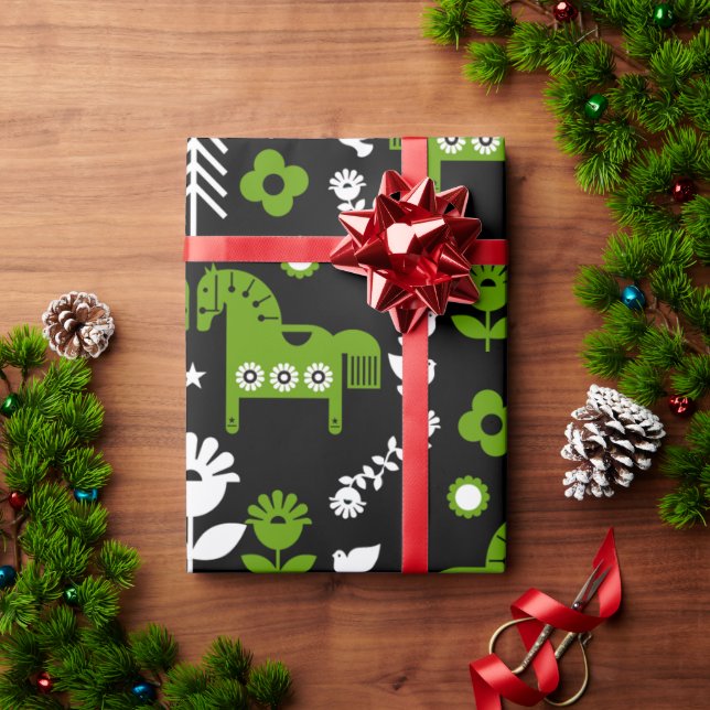 Scandinavian Horse Folk Art Presentpapper (Julgåva)