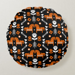 Scandinavian Horse Folk Art Rund Kudde