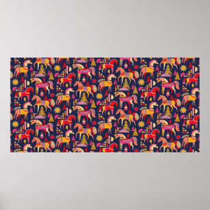 Scandinavian horses pattern seamless design. Decor Poster
