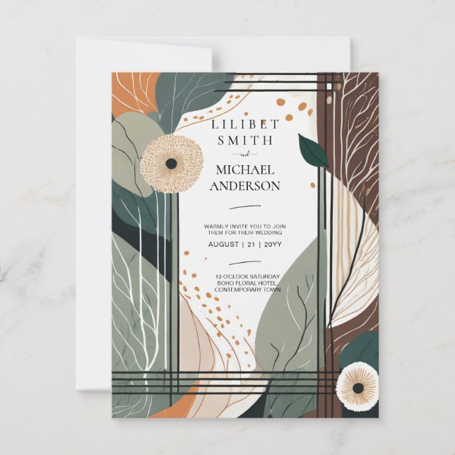Scandinavian Japandi Bröllop Abstrakt Sage Brown Inbjudningar (Framsida)