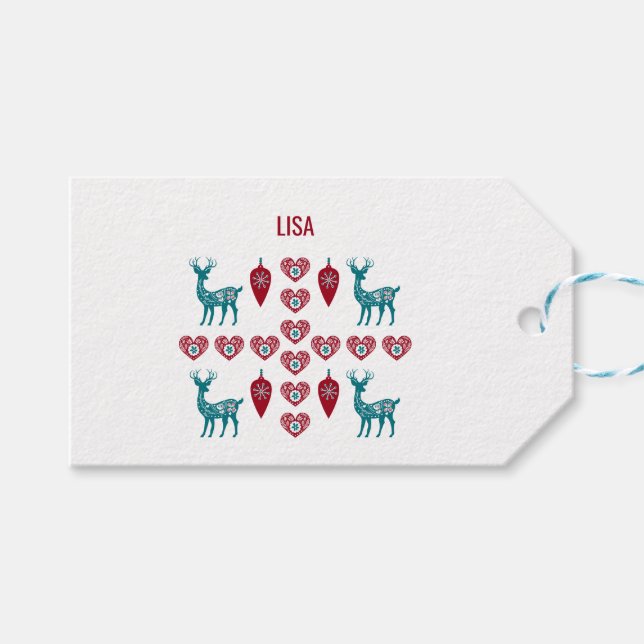 Scandinavian jul Hearts Reindeer Red Baubles Presentetikett (Framsidan (Horisontell))
