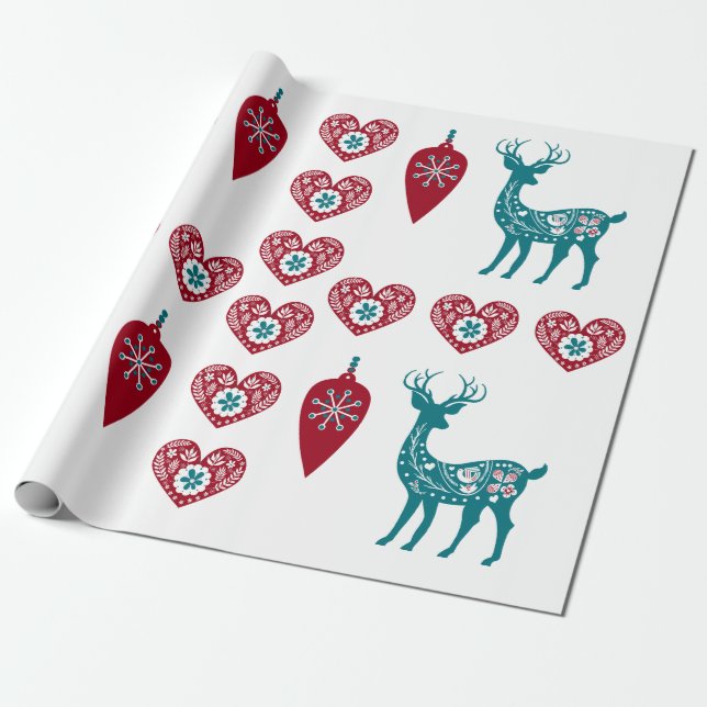 Scandinavian jul Hearts Reindeer Red Baubles Presentpapper (Utrullad)