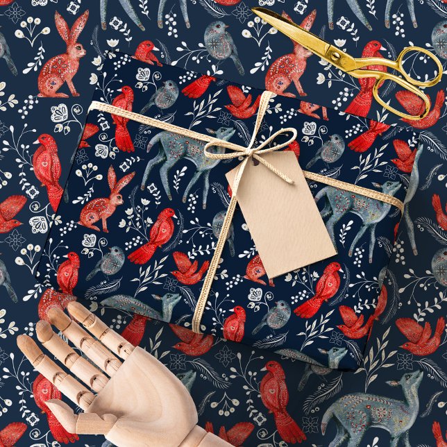 Scandinavian Nordic Folk Woodland Animals Winter Presentpapper (Skapare uppladdad)