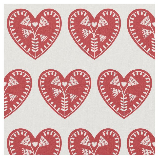 Scandinavian Red Heart Print Fabric Tyg (Närbild)