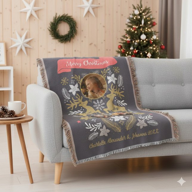 Scandinavian Reindeer 3 Photo Family Keepsake Filt (Scandinavian Reindeer 3 Photo Holiday Throw Blanket © Susanne Sachers - Sunny Mind Design. 🌞)