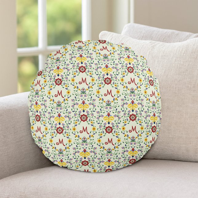 Scandinavian Rosemaling Monogram Mönster Nordic Rund Kudde (Skapare uppladdad)