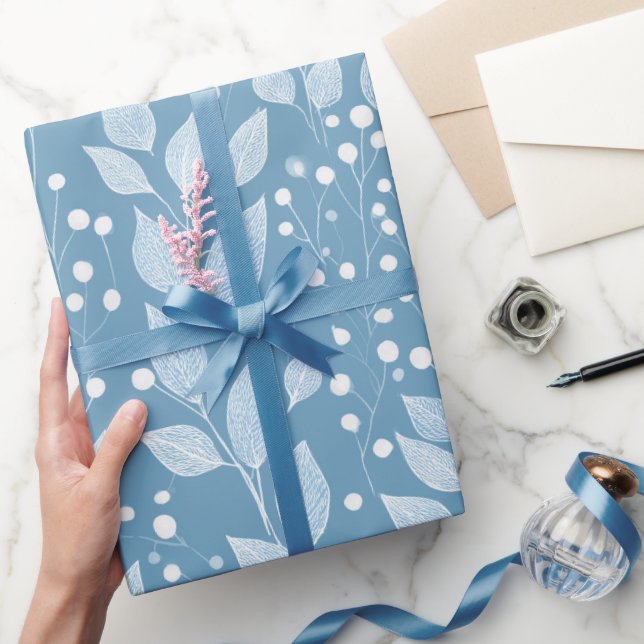 Scandinavian Soft Blue Leaf White Floral Pattern Presentpapper (Gifting)