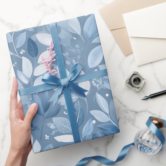 Scandinavian Soft Blue Leaf White Floral Pattern Presentpapper (Gifting)