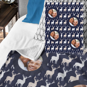 Scandinavian Stags PHOTO Blanket Navy Blue Fleecefilt