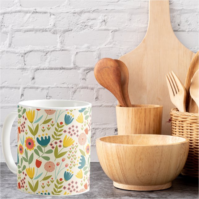 Scandinavian Summer Blommönster Ljusa färger Kaffemugg (Skapare uppladdad)