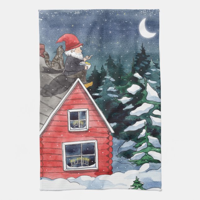 Scandinavian Tomten jul Gnome Watercolor Kökshandduk (Vertikal)