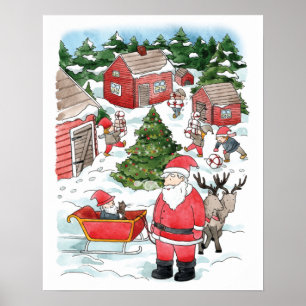 Scandinavian Tomten jul Village Watercolor Poster