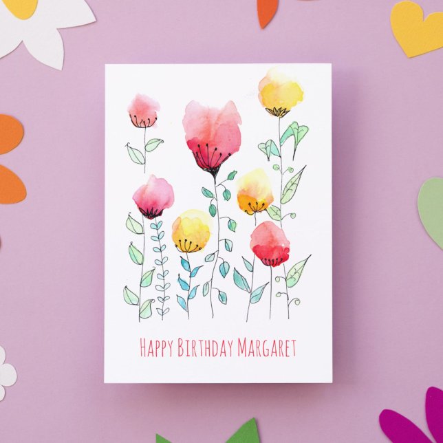 Scandinavian Wildlowers Cute Personlig Birthday Kort (This whimsical birthday card pairs folk flowers with modern typography for a cute Happy Birthday!)
