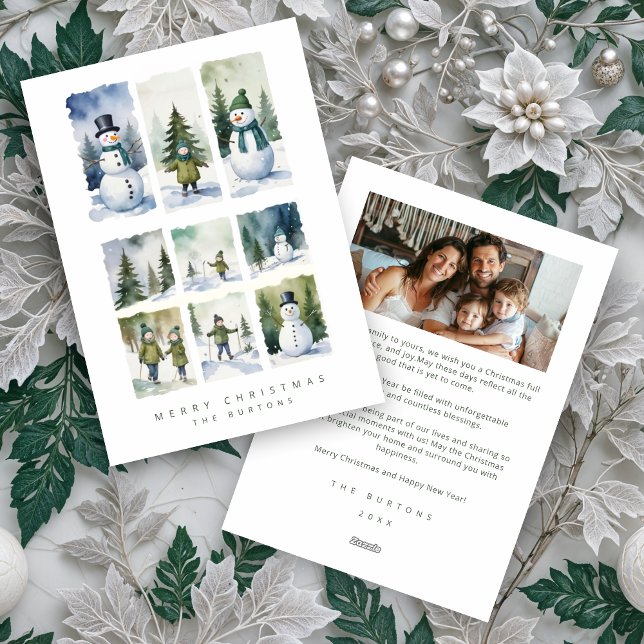 Scandinavian Winter Scene Snowmen Snowy Forest Julkort (Christmas Scandinavian Style Winter Scenes Snowmen and Snowy Forest Landscape Holiday Cards.)