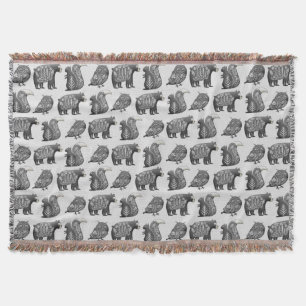 Scandinavian Woodland Animal Art Grått Mönster Filt