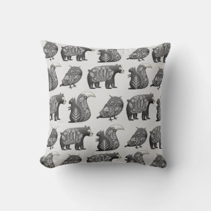 Scandinavian Woodland Animal Art Grått Mönster Kudde