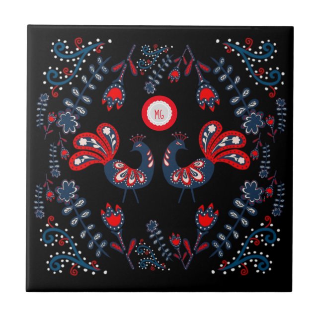 Scandinaviska folkkonst Birds Monogrammed Kakelplatta (Framsidan)