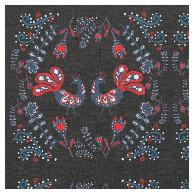 Scandinaviska folkkonst Birds Monogrammed Tyg (Närbild)