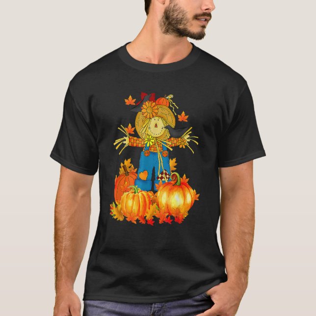 Scarecrow Autumn Hello Fall Pumpkin Thanksgiving H T Shirt (Framsida)