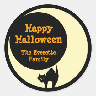 Scaredly katt i gul månehappy halloweenfavör runt klistermärke