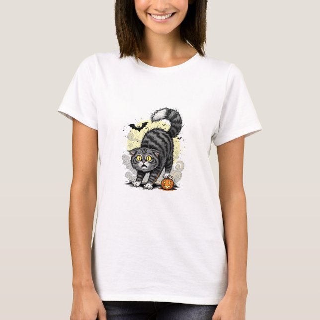 Scaredy Cat - Fluffy Spooky Halloween Woman T Shirt (Framsida)